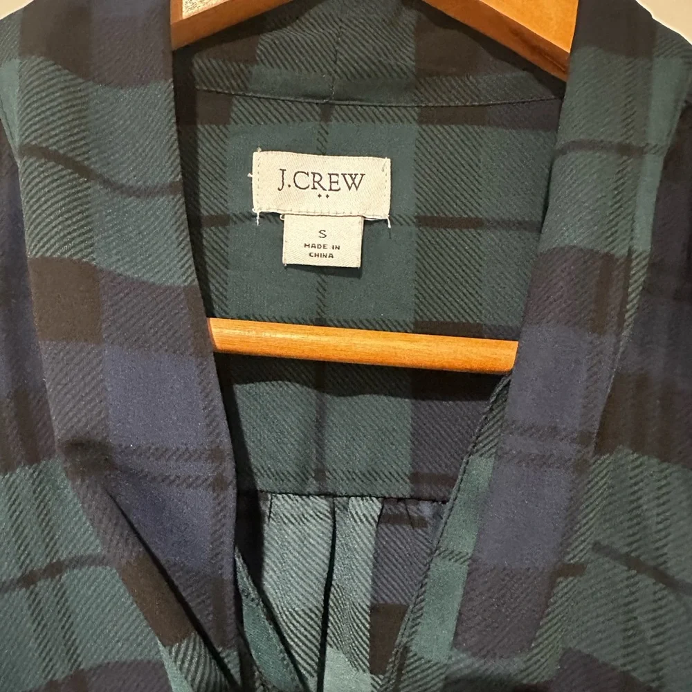 J. Crew Teal and Navy Plaid Tie-Neck Blouse - Picture 3 of 4